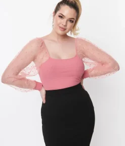 Unique Vintage Blouses|All Things Pink>Rose Pink Dot Mesh Delilah Blouse