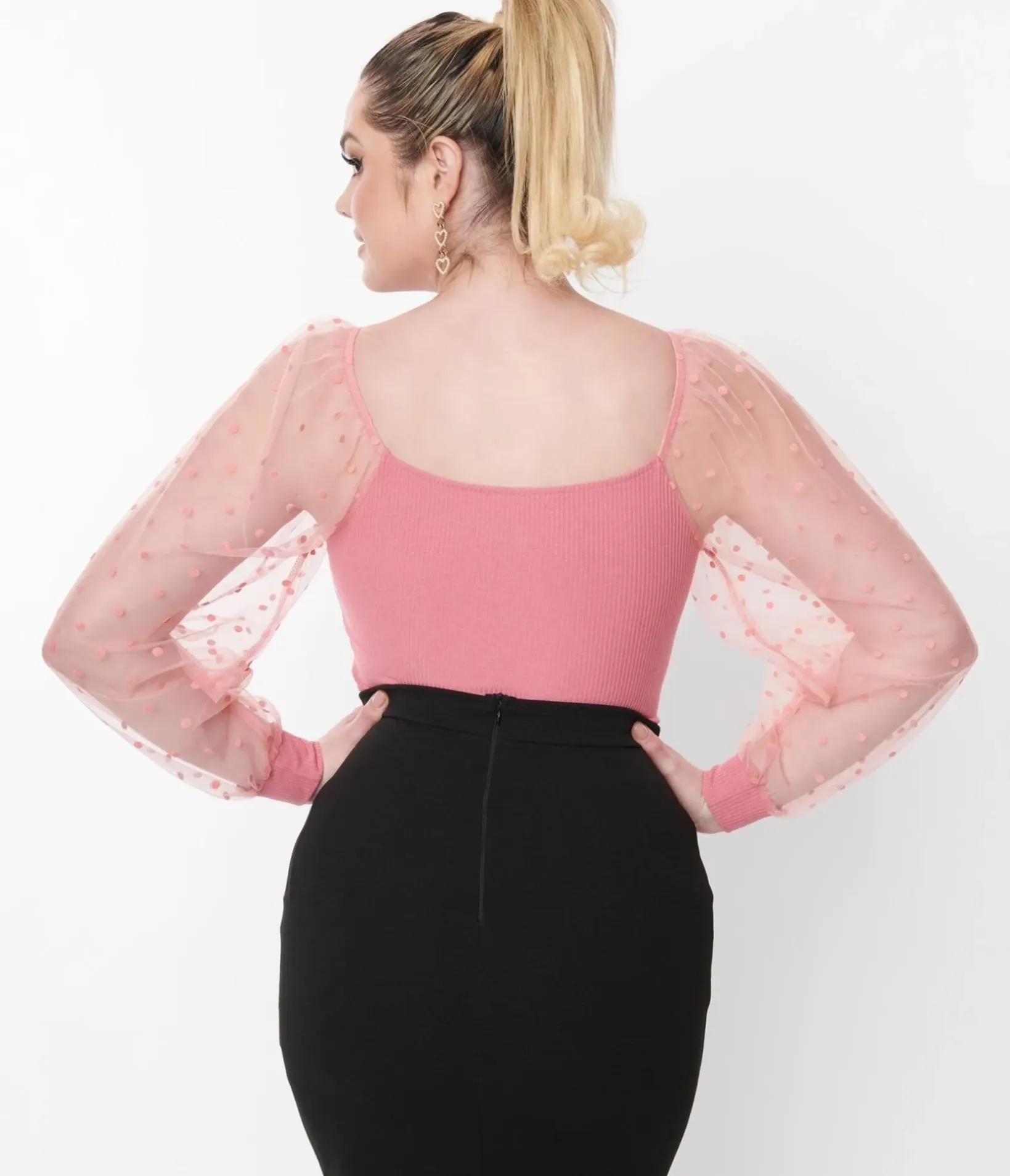 Unique Vintage Blouses|All Things Pink>Rose Pink Dot Mesh Delilah Blouse