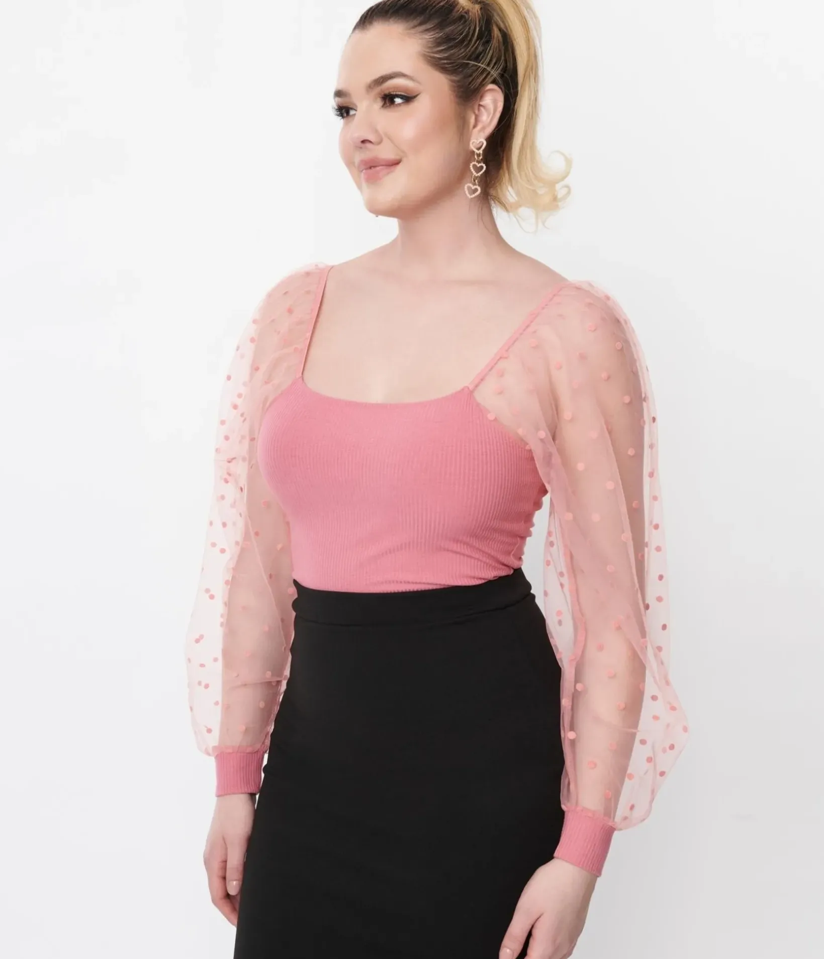 Unique Vintage Blouses|All Things Pink>Rose Pink Dot Mesh Delilah Blouse