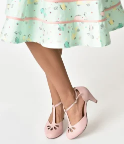 Unique Vintage Heels|T-Straps>Rose Pink T-Strap Cut Out Kitten Heels