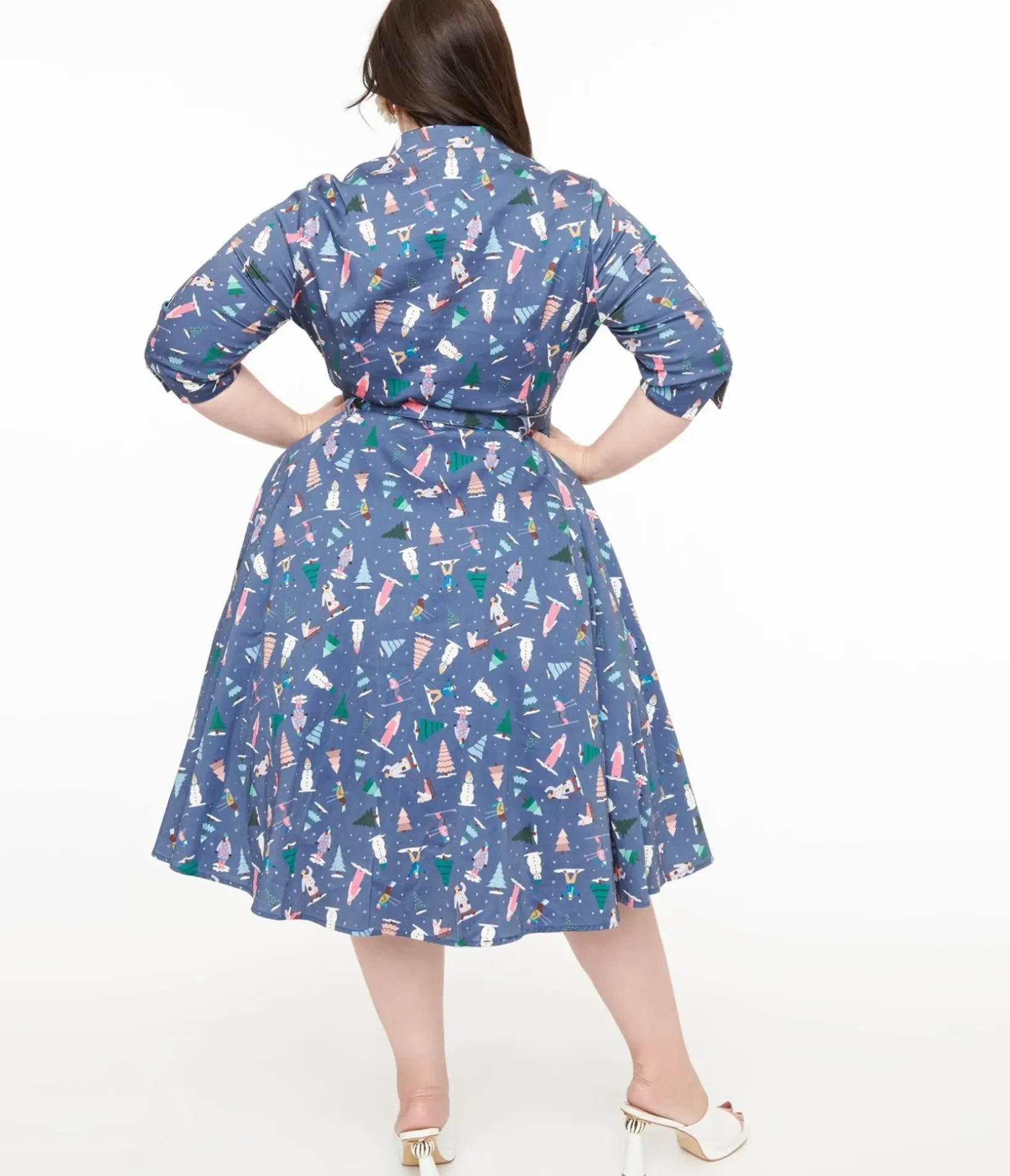 Unique Vintage Midi|Pocket Dresses>Royal Monk Plus Size 1940s Blue Ski Snow Season Midi Dress