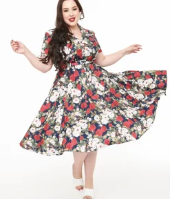 Unique Vintage Midi|Fit & Flare>Royal Monk Plus Size 1950s Dark Rose Fit & Flare Dress
