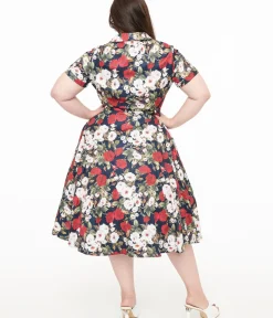 Unique Vintage Midi|Fit & Flare>Royal Monk Plus Size 1950s Dark Rose Fit & Flare Dress