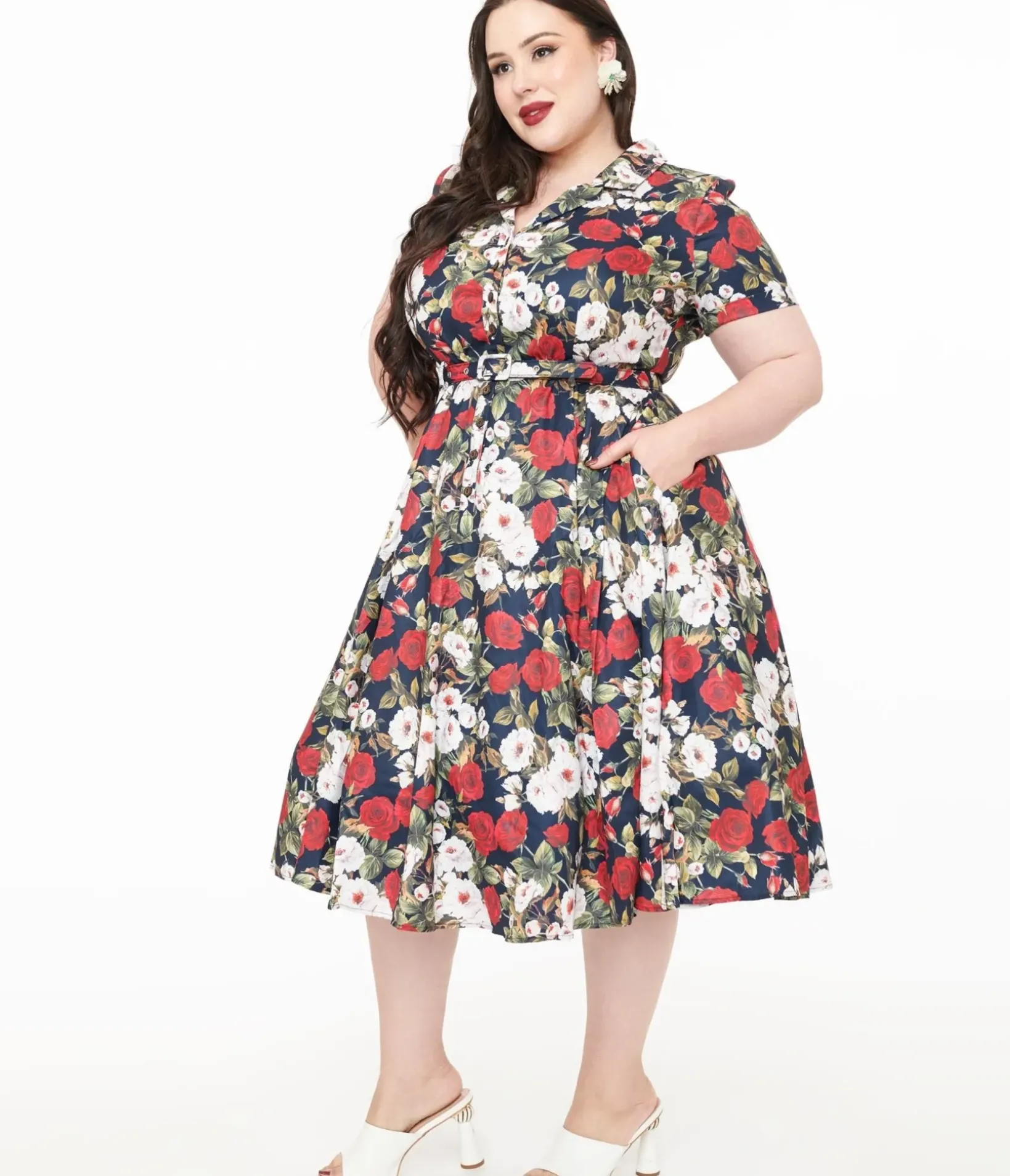 Unique Vintage Midi|Fit & Flare>Royal Monk Plus Size 1950s Dark Rose Fit & Flare Dress