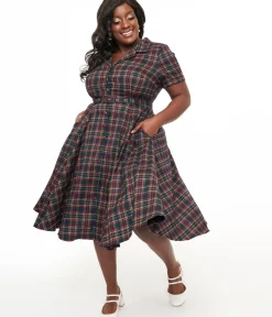 Unique Vintage Swing|Swing>Royal Monk Plus Size 1950s Green & Red Plaid Merry Holidays Swing Dress