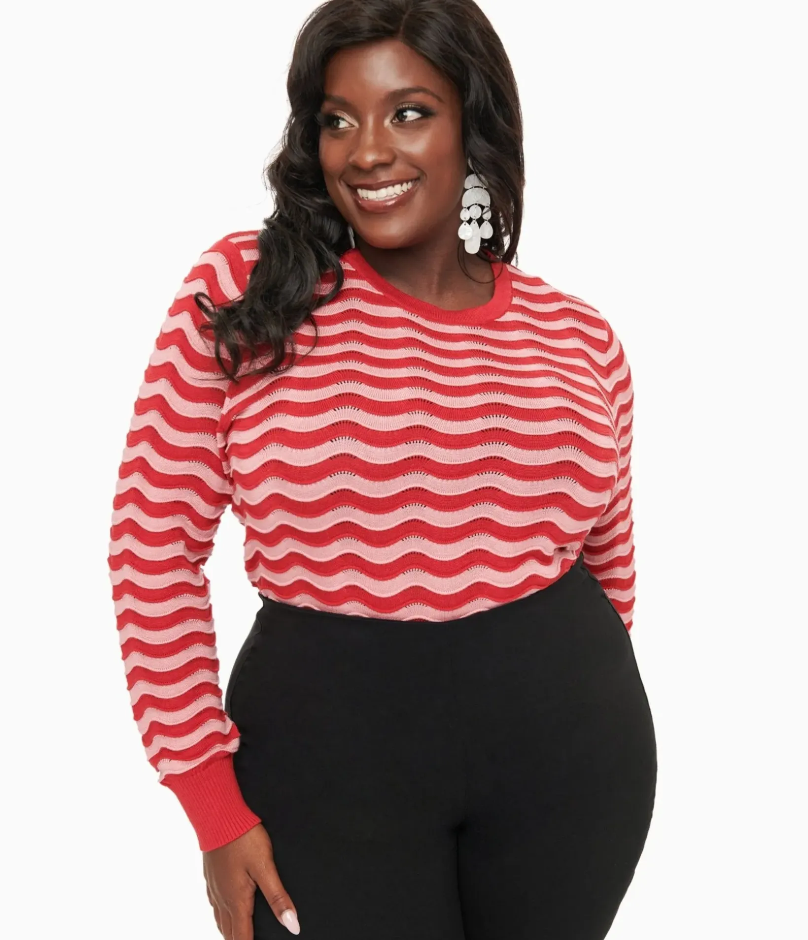Unique Vintage Sweaters & Cardigans|Sweaters & Cardigans>Royal Monk Plus Size 1970s Red & Pink Sweet Stripes Top
