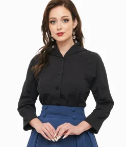Unique Vintage Blouses|Work Wear>Royal Monk 1950s Black Button Up Celia Blouse
