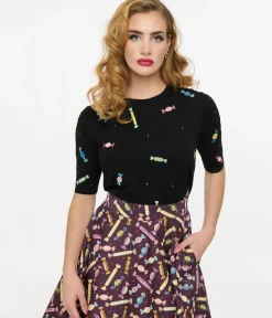 Unique Vintage Sweaters & Cardigans>Royal Monk 1950s Black & Rainbow Candy Sweater