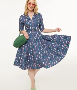 Unique Vintage Midi|Pocket Dresses>Royal Monk 1940s Blue Ski Snow Season Midi Dress
