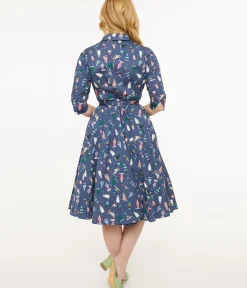Unique Vintage Midi|Pocket Dresses>Royal Monk 1940s Blue Ski Snow Season Midi Dress