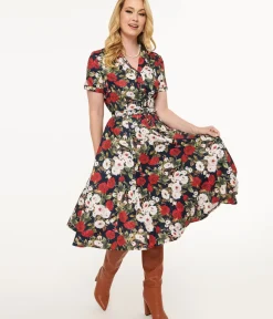 Unique Vintage Midi|Fit & Flare>Royal Monk 1950s Dark Rose Fit & Flare Dress