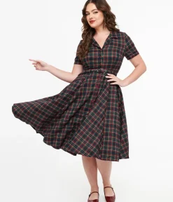 Unique Vintage Swing|Pocket Dresses>Royal Monk 1950s Green & Red Plaid Merry Holidays Swing Dress