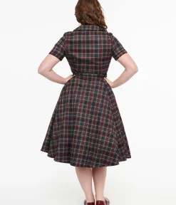 Unique Vintage Swing|Pocket Dresses>Royal Monk 1950s Green & Red Plaid Merry Holidays Swing Dress