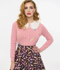 Unique Vintage Sweaters & Cardigans|All Things Pink>Royal Monk 1950s Pink Candy Cardigan