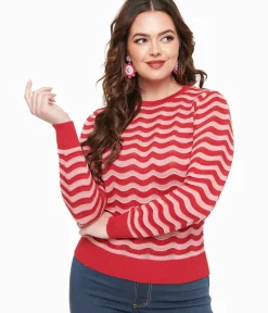 Unique Vintage Sweaters & Cardigans|All Things Pink>Royal Monk 1970s Red & Pink Sweet Stripes Top