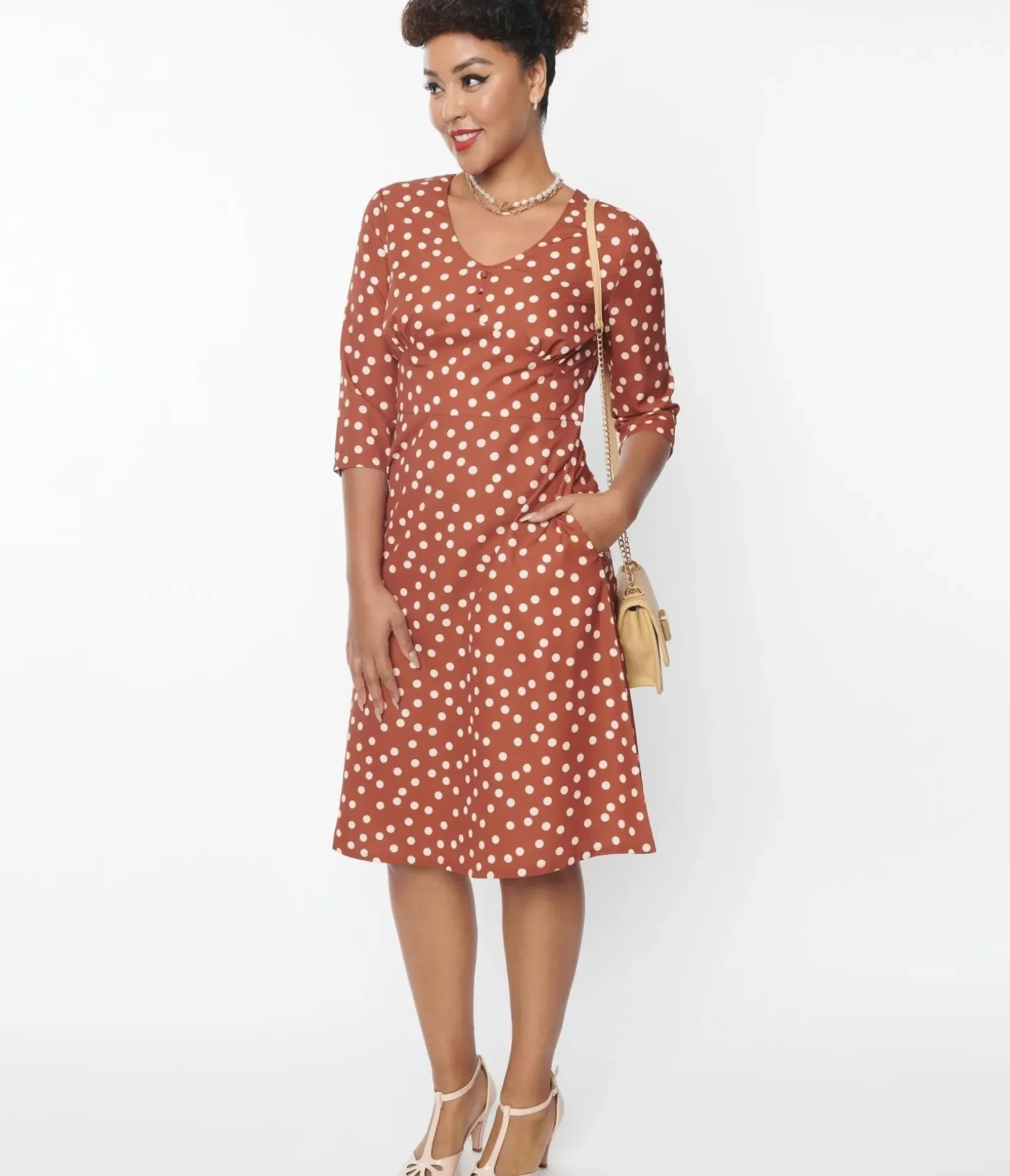Unique Vintage Swing|Pocket Dresses>Rust Red & Cream Polka Dot Swing Dress