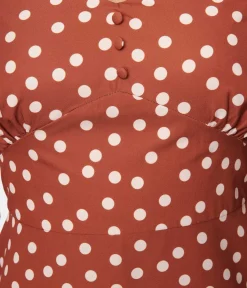 Unique Vintage Swing|Pocket Dresses>Rust Red & Cream Polka Dot Swing Dress