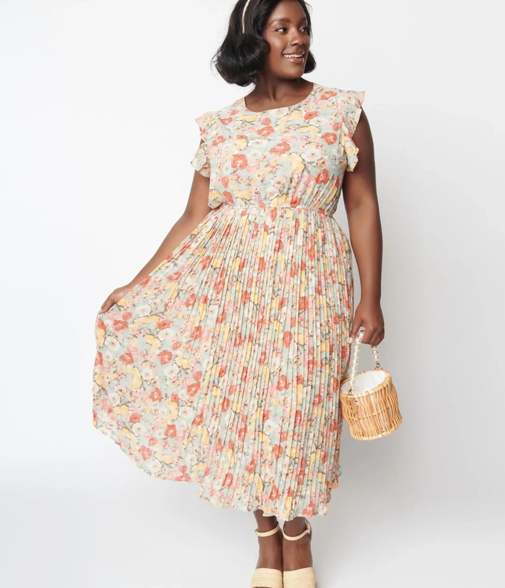Unique Vintage Midi|Everyday Dresses>Sage Floral Pleated Midi Dress