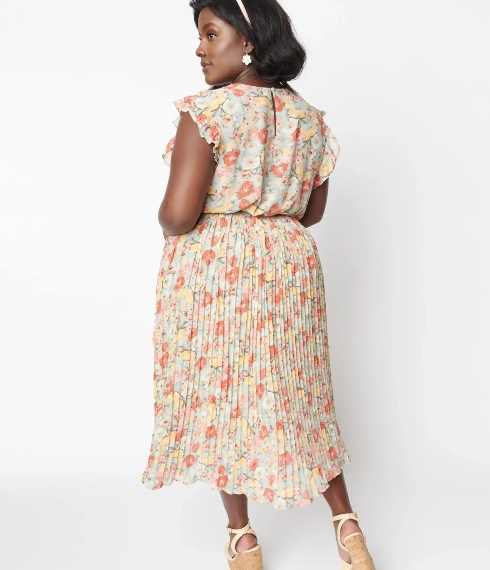 Unique Vintage Midi|Everyday Dresses>Sage Floral Pleated Midi Dress