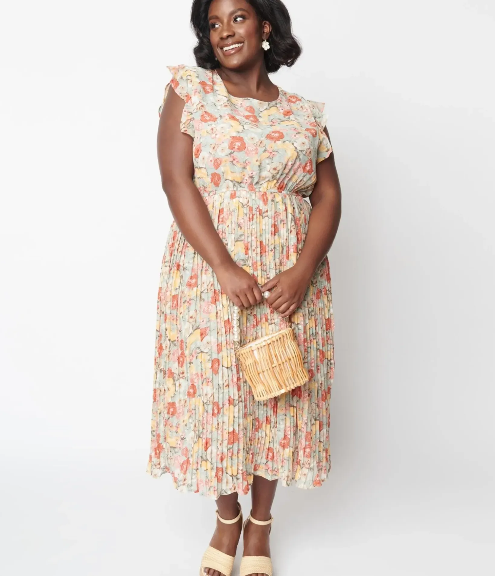 Unique Vintage Midi|Everyday Dresses>Sage Floral Pleated Midi Dress
