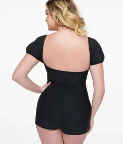 Unique Vintage One Piece Swim|One Piece Swim>1950s Black Bow Romper Swimsuit