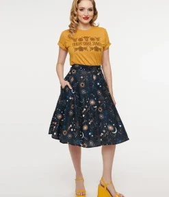 Unique Vintage Skirts>1950s Black Celestial Galaxy Print Swing Skirt