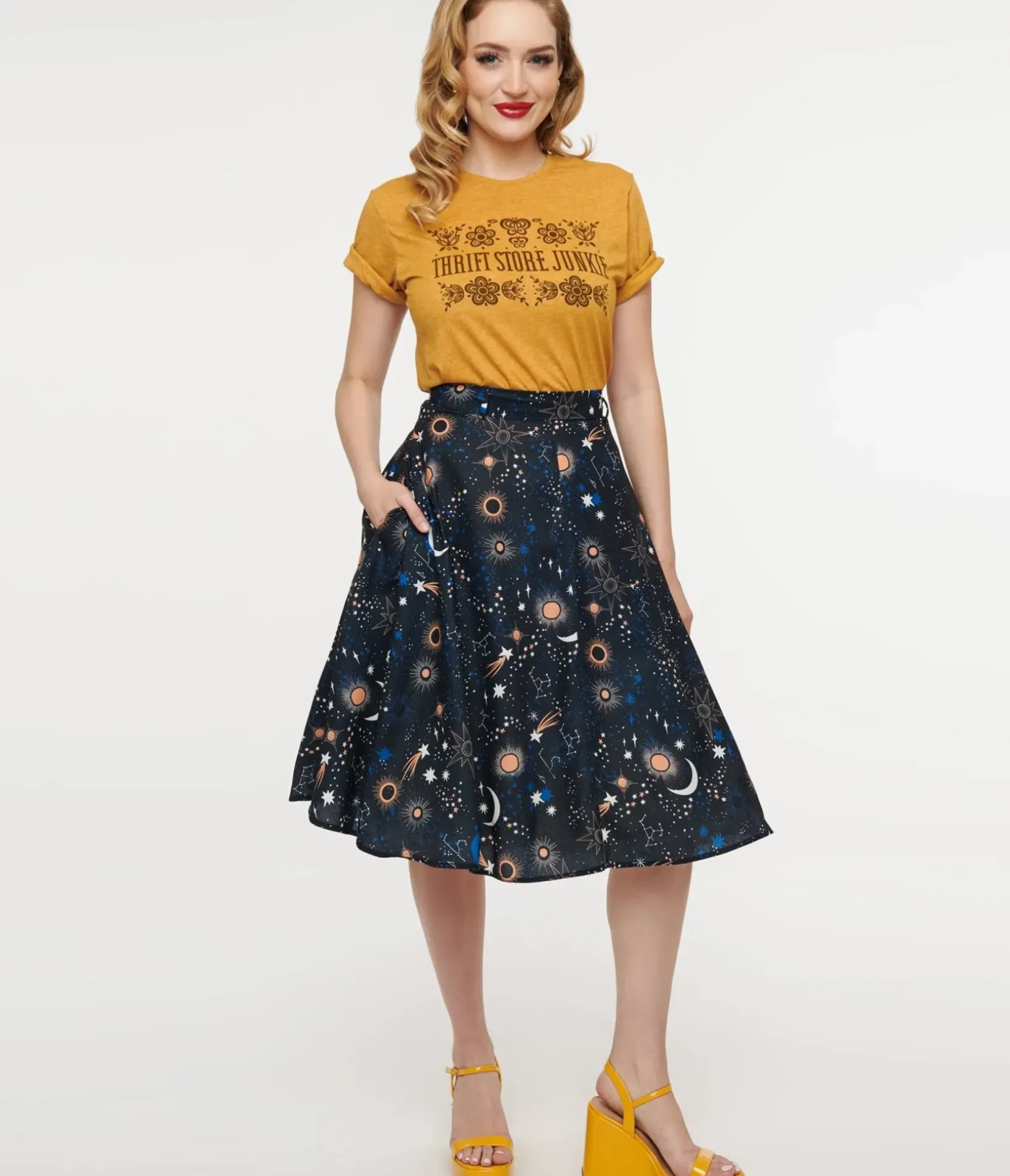 Unique Vintage Skirts>1950s Black Celestial Galaxy Print Swing Skirt
