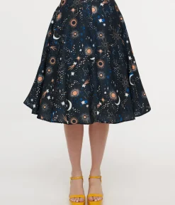 Unique Vintage Skirts>1950s Black Celestial Galaxy Print Swing Skirt