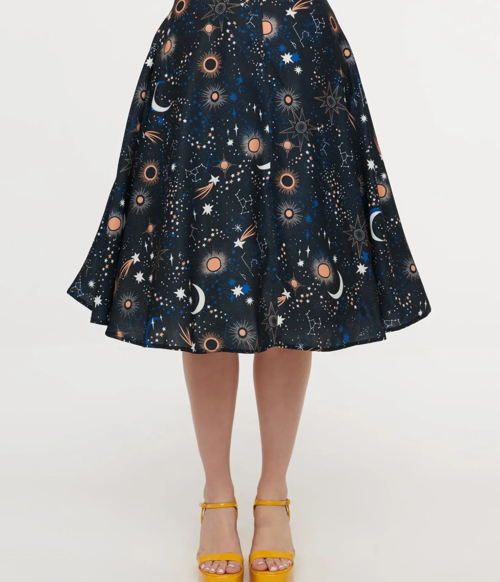 Unique Vintage Skirts>1950s Black Celestial Galaxy Print Swing Skirt