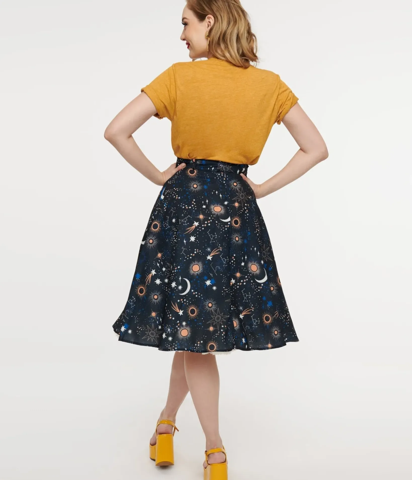Unique Vintage Skirts>1950s Black Celestial Galaxy Print Swing Skirt