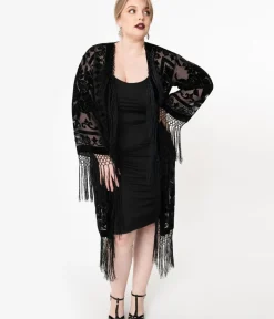 Unique Vintage Special Occasion|Flapper Accessories>1920s Black Devore Velvet Lattice Scarf Coat