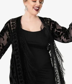 Unique Vintage Special Occasion|Flapper Accessories>1920s Black Devore Velvet Lattice Scarf Coat