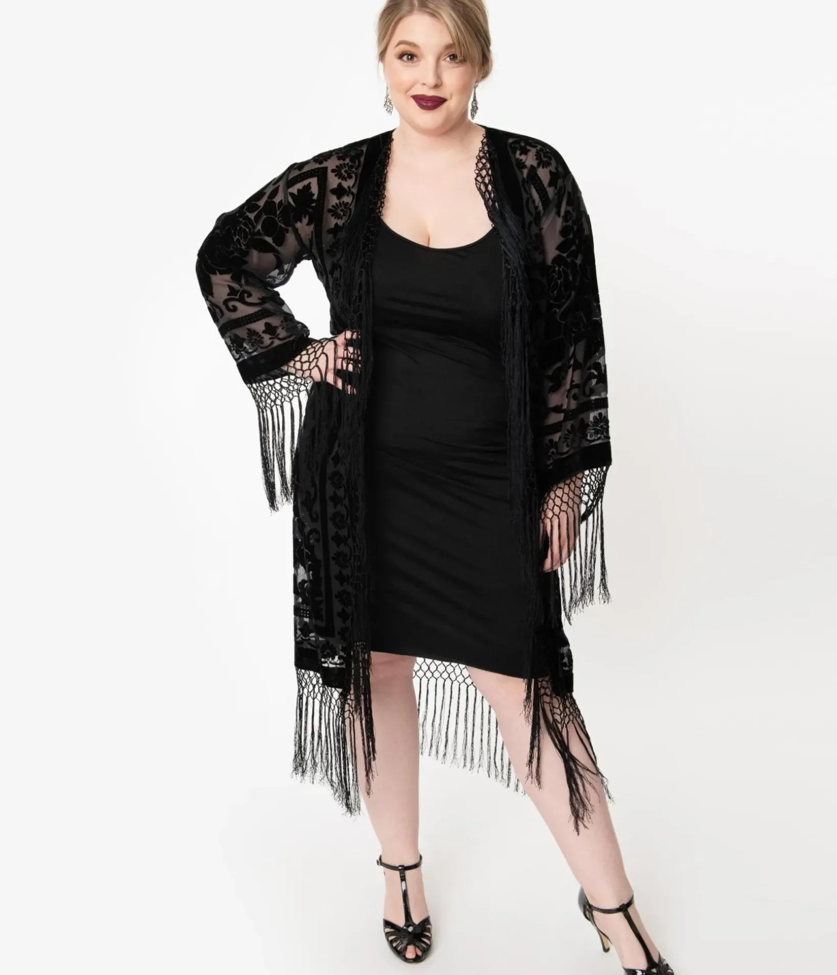Unique Vintage Special Occasion|Flapper Accessories>1920s Black Devore Velvet Lattice Scarf Coat