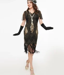 Unique Vintage Special Occasion|Flapper Dresses>1920s Black & Gold Beaded Fringe Flapper Dress
