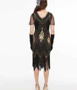 Unique Vintage Special Occasion|Flapper Dresses>1920s Black & Gold Beaded Fringe Flapper Dress