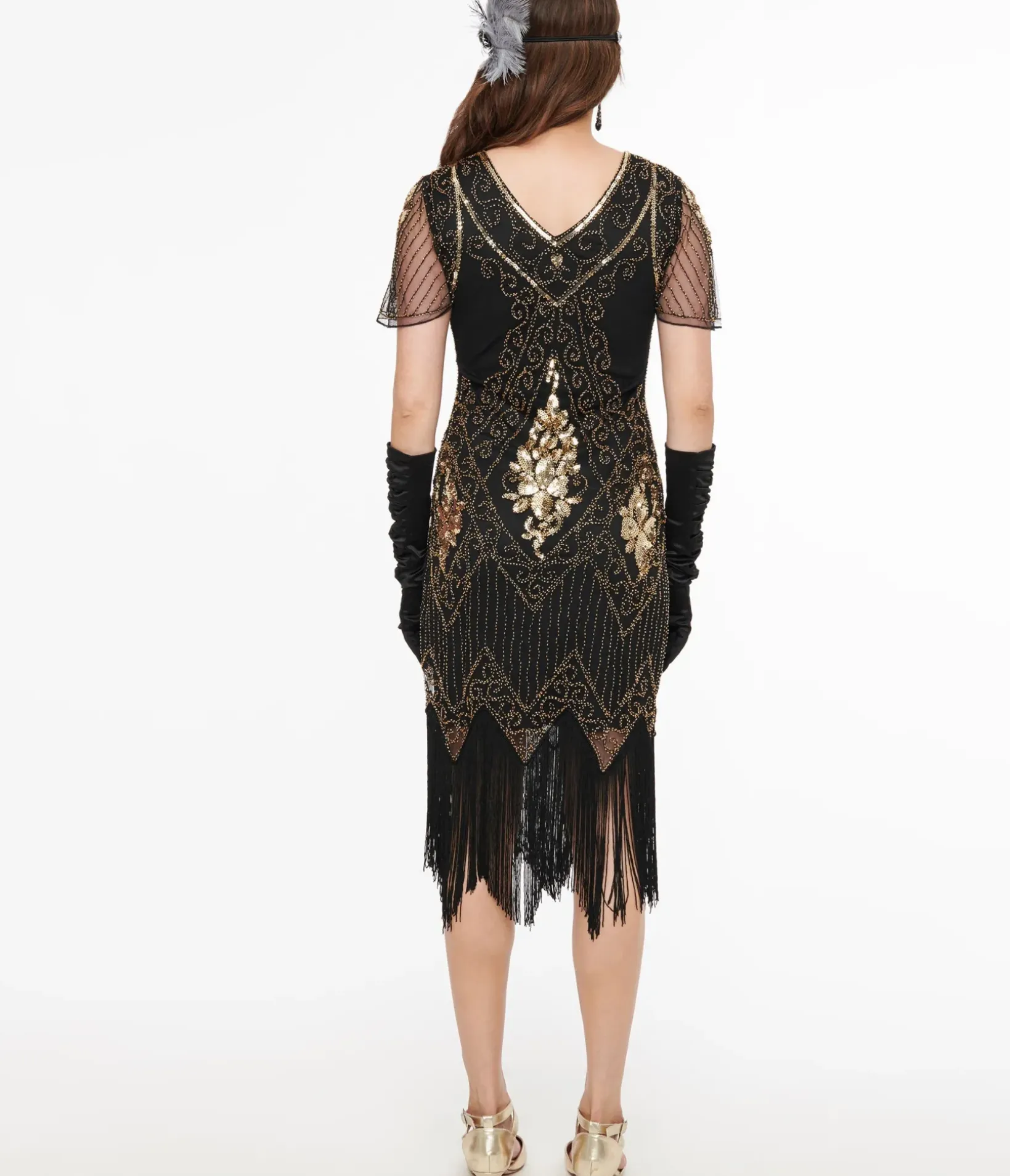 Unique Vintage Special Occasion|Flapper Dresses>1920s Black & Gold Beaded Fringe Flapper Dress