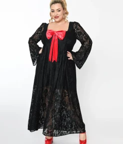 Unique Vintage Maxi|Midi & Maxi>1970s Black Lace & Interchangeable Bow Priscilla Maxi Dress