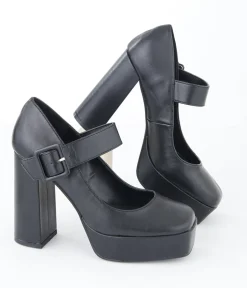 Unique Vintage Heels|Date Night Outfits>1970s Black Leatherette Platform Mary Jane Heels