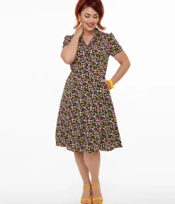 Unique Vintage Fit & Flare|Pocket Dresses>1950s Black & Multicolor Flower Print Fit & Flare Dress