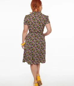 Unique Vintage Fit & Flare|Pocket Dresses>1950s Black & Multicolor Flower Print Fit & Flare Dress