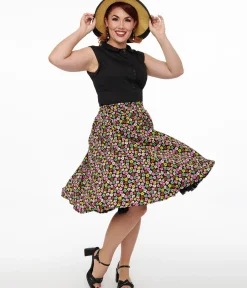 Unique Vintage Skirts>1950s Black & Multicolor Flower Print Swing Skirt