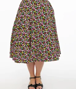 Unique Vintage Skirts>1950s Black & Multicolor Flower Print Swing Skirt