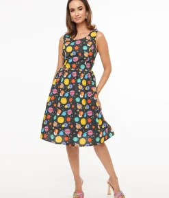 Unique Vintage Swing|Pocket Dresses>1950s Black & Multicolor Planets Cotton Swing Dress