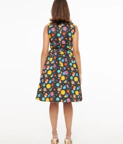 Unique Vintage Swing|Pocket Dresses>1950s Black & Multicolor Planets Cotton Swing Dress