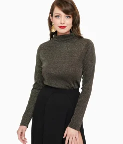 Unique Vintage Work Wear|Date Night Outfits>1950s Black Opal Lurex Mock Turtleneck Top
