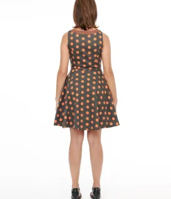 Unique Vintage Fit & Flare|Pocket Dresses>1950s Black & Orange Polka Dot Fit & Flare Dress