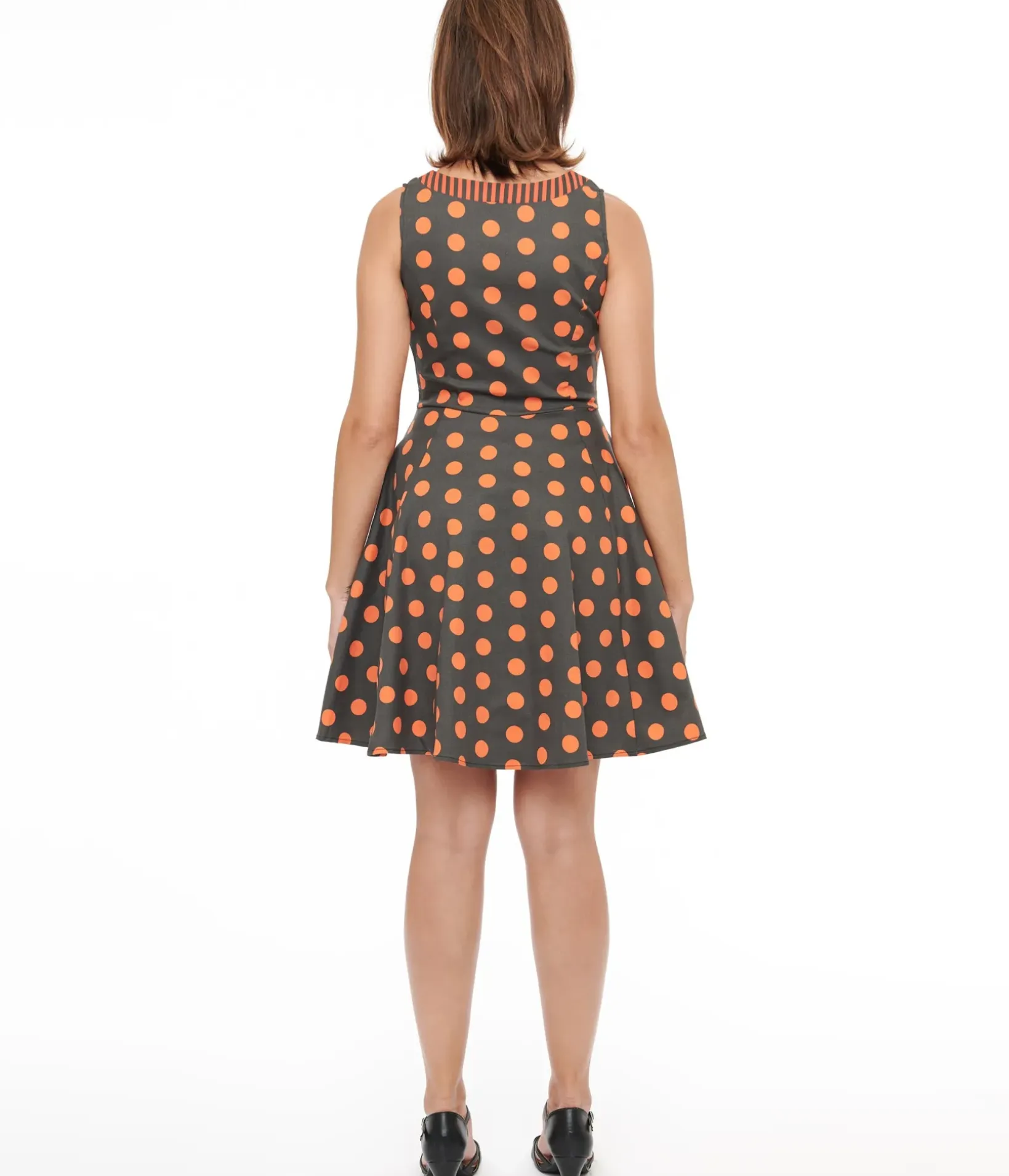Unique Vintage Fit & Flare|Pocket Dresses>1950s Black & Orange Polka Dot Fit & Flare Dress
