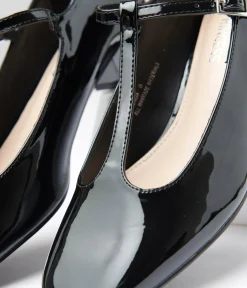 Unique Vintage Heels|T-Straps>1920s Black Patent Leatherette T-Strap Heels
