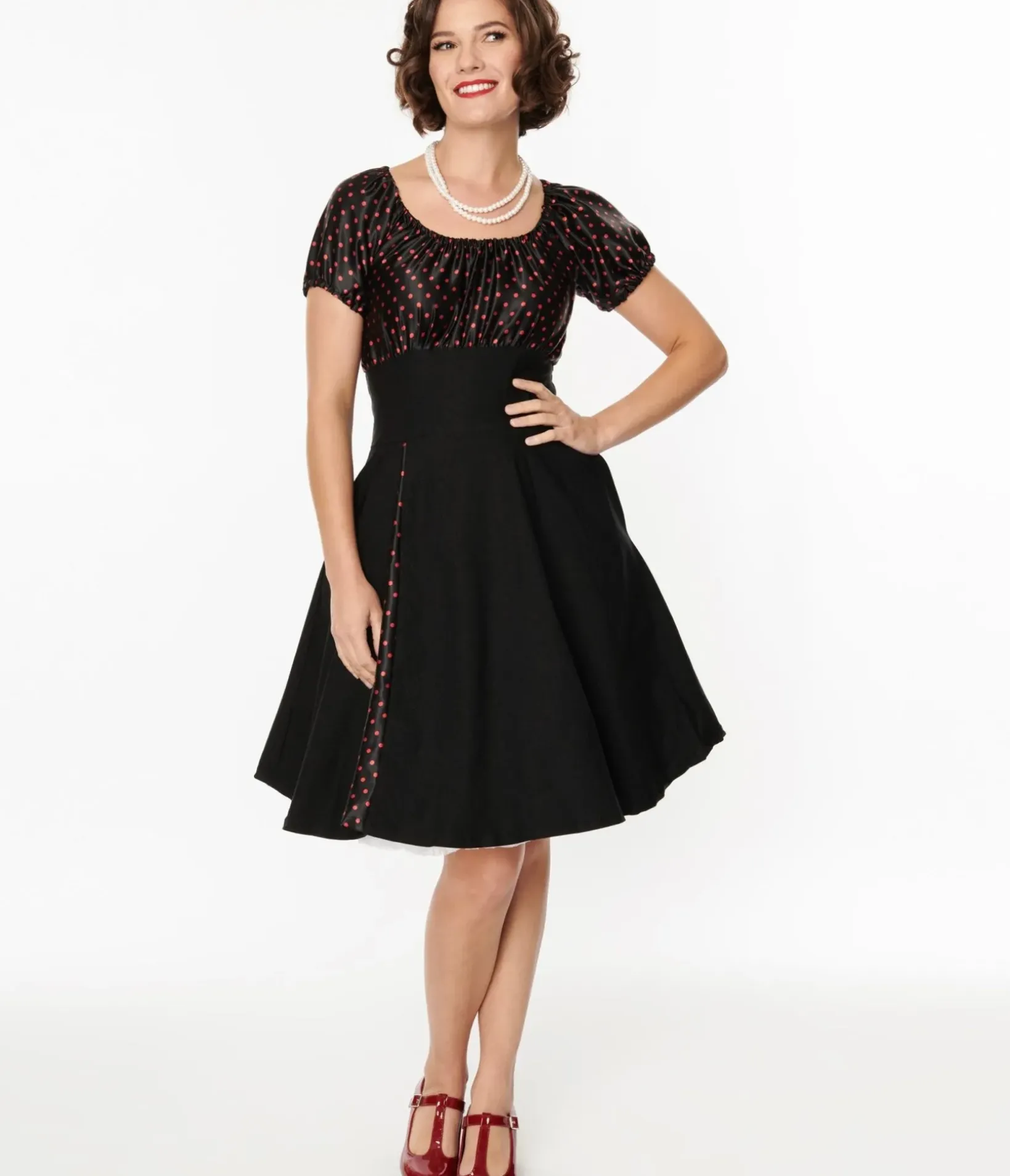 Unique Vintage Fit & Flare|Everyday Dresses>1940s Black & Red Polka Dot Romie Flare Dress