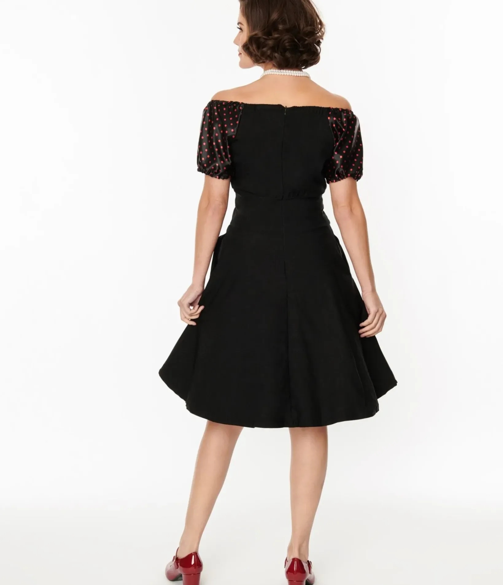 Unique Vintage Fit & Flare|Everyday Dresses>1940s Black & Red Polka Dot Romie Flare Dress